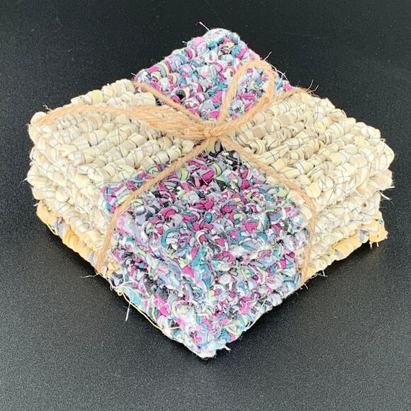 Drink Coaster Set Locker Hooking Handmade Yellow Purple Fabric Square Coasters - Picture 6 of 8